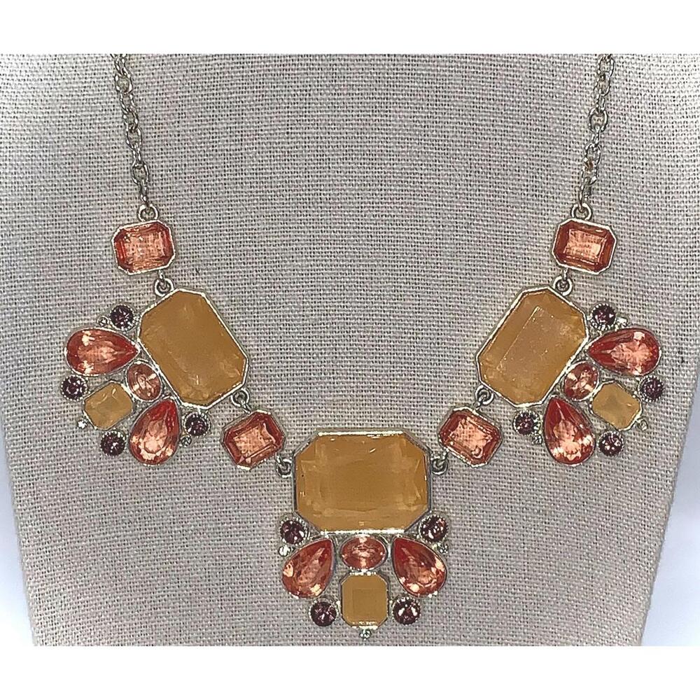 Chaps Silver Tone Statement Necklace Centerpiece Coral/Peach/Purple Colored Gems